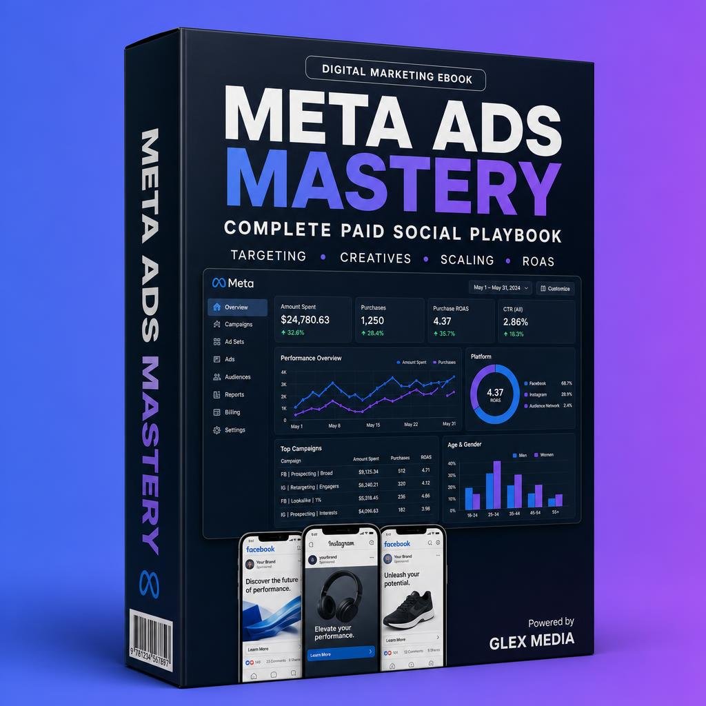 Meta Ads Mastery ebook 3D box mockup by GLEX MEDIA