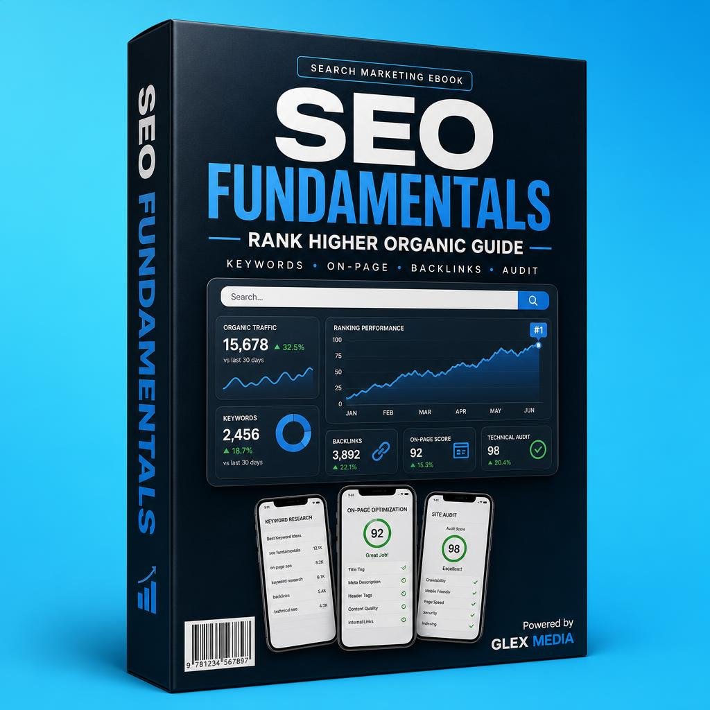 SEO Fundamentals ebook 3D box mockup by GLEX MEDIA