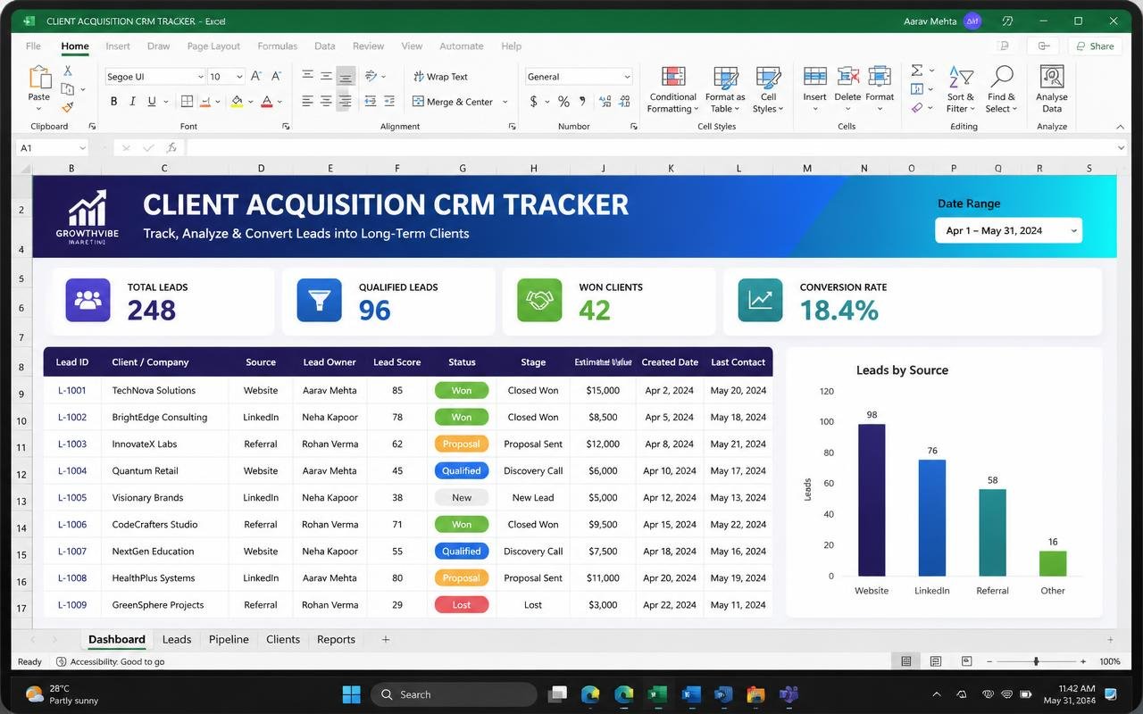 Client Acquisition CRM Tracker — preview of the MODULE 01 · CLIENT ACQUISITION template