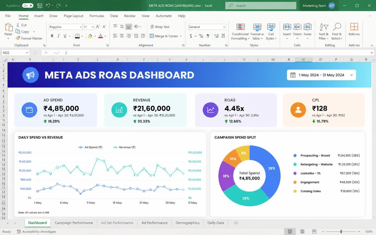 Meta Ads ROAS Dashboard — preview of the MODULE 06 · PAID ADS template