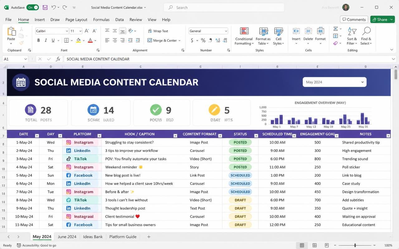 Social Media Content Calendar — preview of the MODULE 09 · CONTENT template