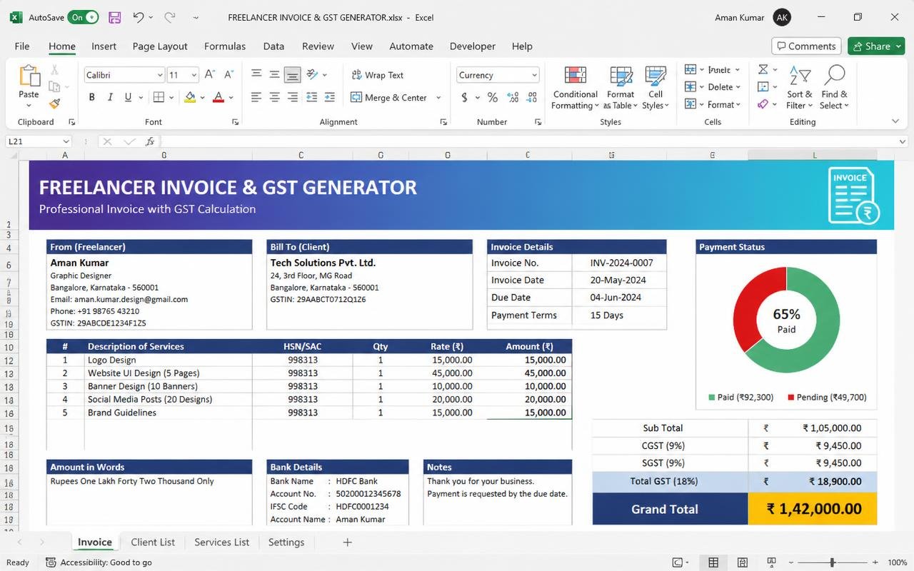 Invoice & GST Generator — preview of the MODULE 14 · FINANCE template