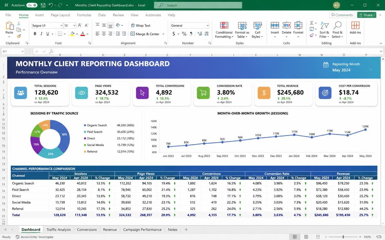 Monthly Client Reporting Dashboard — preview of the MODULE 30 · REPORTING template