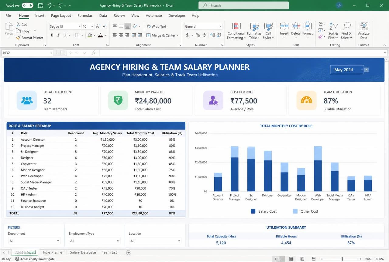Hiring & Team Salary Planner — preview of the MODULE 20 · TEAM template