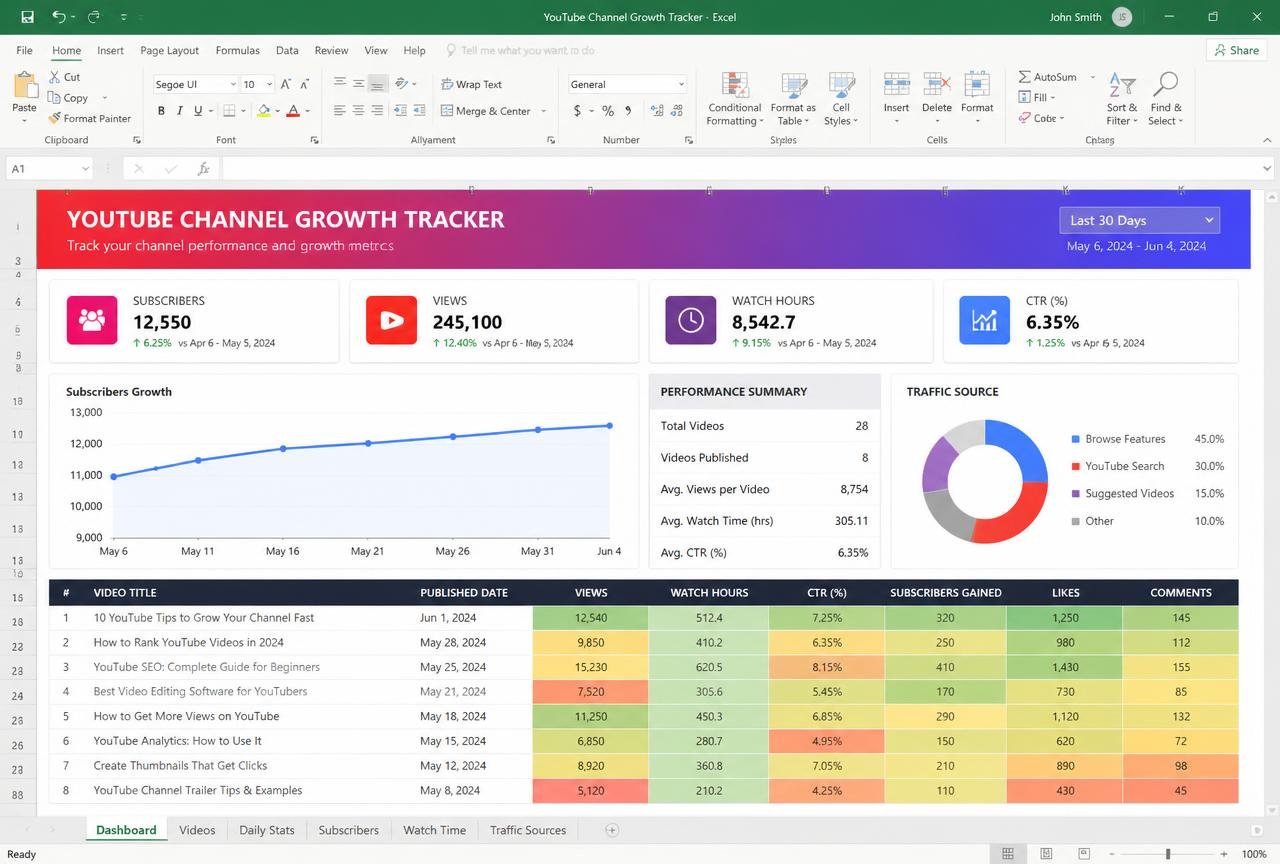 YouTube Channel Growth Tracker — preview of the MODULE 10 · YOUTUBE template