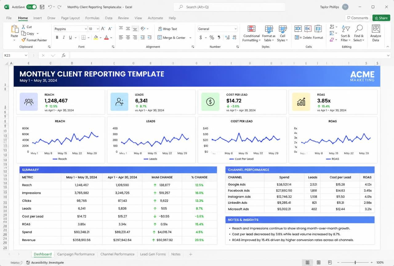 Monthly Client Reporting Template — preview of the MODULE 30 · REPORTING template
