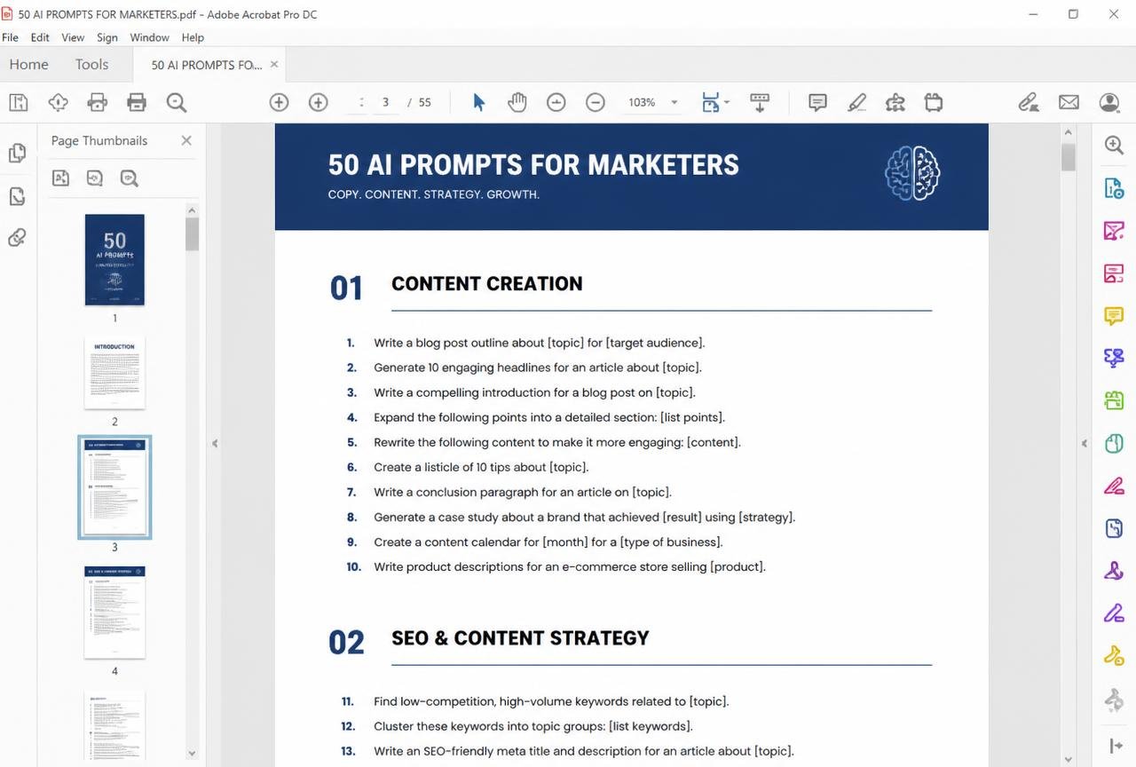 50 AI Prompts for Marketers — preview of the EBOOK · AI template